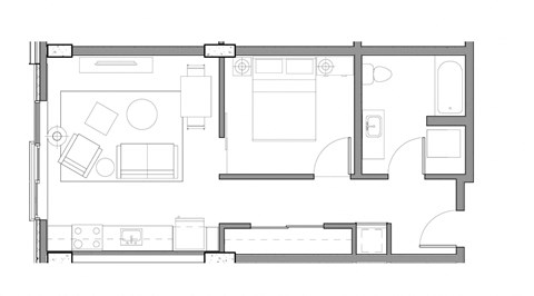 Floor plan for 1 bed, 1 bath, 612 sqft